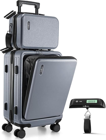 TRAVELARIM 22 Inch Carry On Luggage 22x14x9 Airline Approved, Small Carry On Suitcase, Hard-shell Carry-on Luggage with Wheels, Durable Grey Luggage Carry-On with Cosmetic Case and Luggage Scale