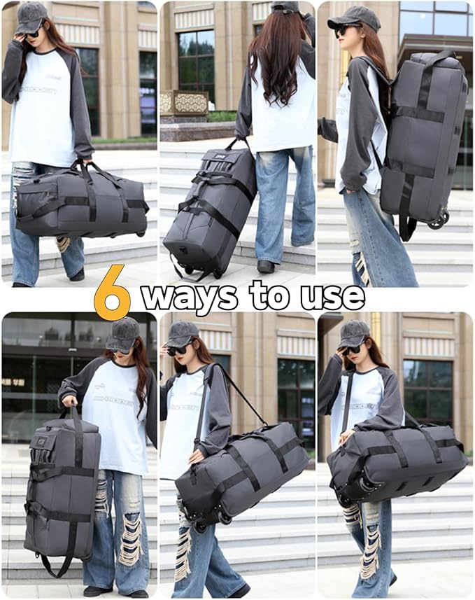 Rolling Duffle Bag with Wheels, 92L 34” Folding Duffle Backpack Soft-Sided with 2 Wheels, 6-way Carry-On Large Travel Bag Men/Women Multiple Pockets for Long Trip, Blue