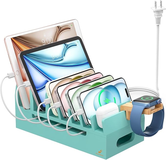 Pezin & Hulin Bamboo Charging Station with Watch Stand, Docking Holder for Multi Device with 5 Port USB Charger HUB, 5 Charge Cables, Desktop Electronic Organizer for Cellphone, Tablet, Watch-Teal