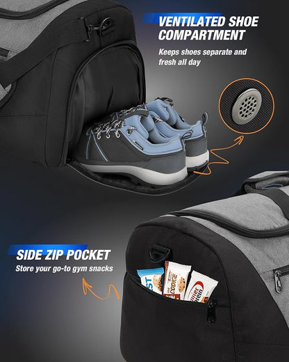 Gonex Gym Duffel Bag with Shoe Compartment Wet Pocket, Large Capacity Sports Duffle Bag for Men Women, Workout & Travel Bag with Multiple Pockets, Black/Gray, Medium (60L)