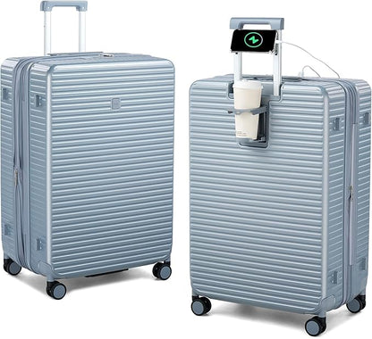 Large Checked Luggage 28 Inch Hard Shell Suitcases, Expandable Travel Luggage Lightweight Check In Luggage with Spinner Wheels Cup Holder Charger Built in, Silver