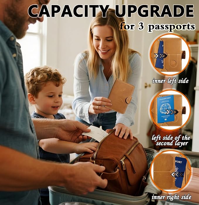 Genuine Leather Passport Holder with AirTag Slot(Hidden) | RFID Blocking Passport Holder for Travel | for 2 Passport Books | for Men Women & Family