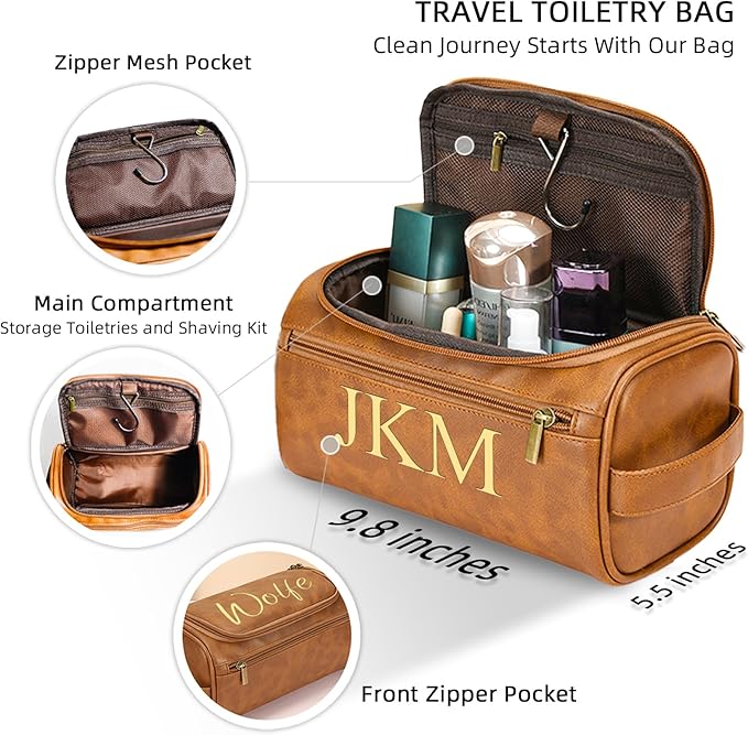 Personalized Toiletry Bag for Men, Engraved Name Initials Toiletry Bag, Customized Monogram Travel Shaving Dopp Kit for Groomsmen, Gift for Christmas, Birthday, Dad, Husband (Black)