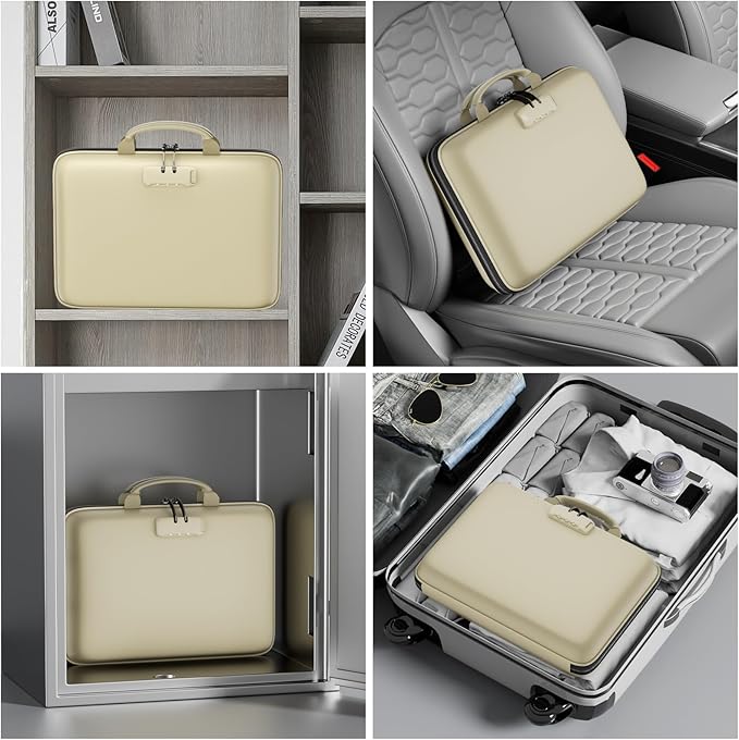 DocSafe Fireproof File Organizer with Lock, Hard-Shell Case Fireproof Document Box with 13 Pocket Accordion File Folder, Portable Home Office Travel Safe Storage for Important Documents Laptop Beige