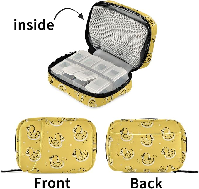 Fustylead Yellow Rubber Duck Pill Organizer Travel Bag, Small Portable Pill Case Cute for Vitamin Fish Oil Supplements Medicine Organizer with Zipper