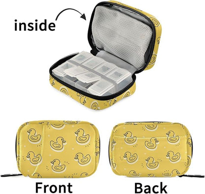 Fustylead Yellow Rubber Duck Pill Organizer Travel Bag, Small Portable Pill Case Cute for Vitamin Fish Oil Supplements Medicine Organizer with Zipper