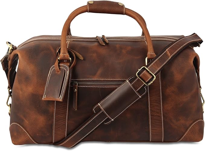 KomalC Leather Duffel Bags for Men and Women - Full Grain Buffalo Leather - Dark Tan