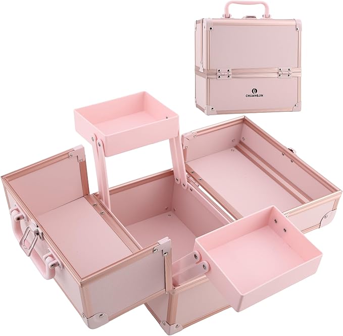 Makeup Train Case 2 Trays Makeup Box Organizer Portable Travel Makeup Case Lockable Makeup Storage Organizer Cosmetic Box for Jewelry Nail Tech Brushes Accessories Tool, Pink