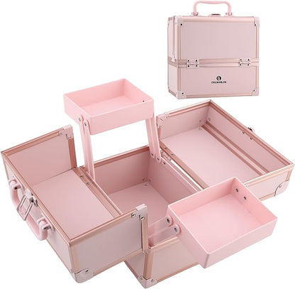 Makeup Train Case 2 Trays Makeup Box Organizer Portable Travel Makeup Case Lockable Makeup Storage Organizer Cosmetic Box for Jewelry Nail Tech Brushes Accessories Tool, Pink