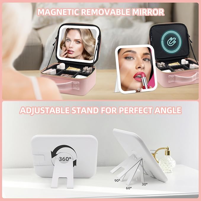 Travel Makeup Bag with Magnetic Removable Lighted Mirror, Cosmetic Bag Organizer with Mirror 360° Angle, Tri-Color LED Lighted Makeup Case, Portable Makeup Travel Train Case with Adjustable Dividers