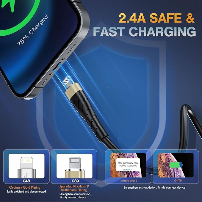 OIITH MFi Certified for iPhone Charger Cable 3 Pack 6 Ft, Long for Lightning Charging Cord, Fast 2.4A for iPhone USB Cord Compatible with iPhone12/11/XS/Max/XR/X/8/8P/7P/6/iPad - Gold