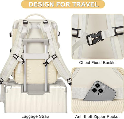 coofay Beige Travel Backpack For Women Men Airline Approved Personal Item Carry On Flight Approved Waterproof Backpack For Traveling On Airplane Weekender Travel Bag