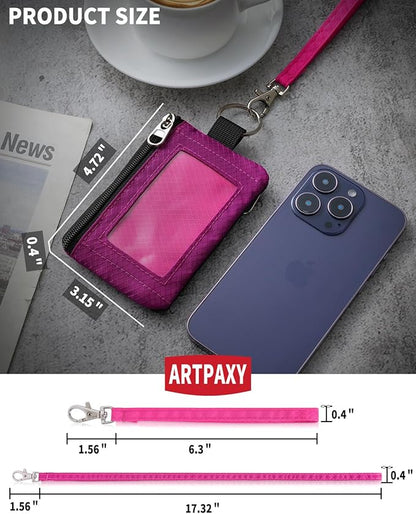 Minimalist Wallet For Mens Womens, Keychain RFID Blocking Zipper Small Wallet with ID Window 2 Lanyards,Water Resistant Travel Cash Card Coin Case Boys Girls