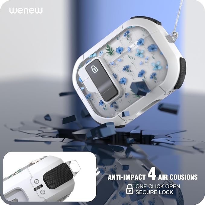 WENEW Case for AirPods Pro & Pro 2 Case Cover Secure Lock Automatic Snap Switch Clip Cleaner Kit Lanyard Women Stylish Flower Full Body Hard Shell Front LED Visible (Blue Flower, AirPods Pro & Pro 2)
