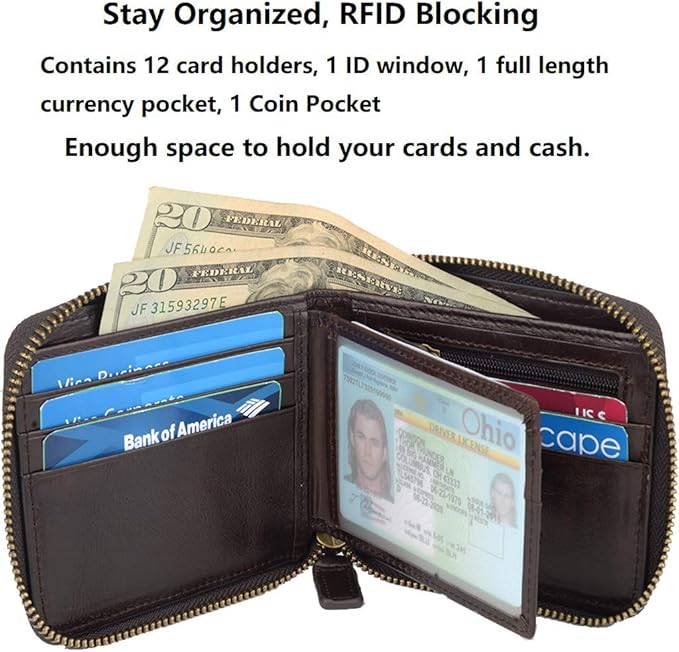 Genuine Leather Zipper Wallet With Coin Pocket, RFID Blocking Zip Around Front Pocket Bifold Wallet, Gift for Men