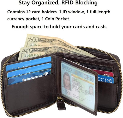 Genuine Leather Zipper Wallet With Coin Pocket, RFID Blocking Zip Around Front Pocket Bifold Wallet, Gift for Men