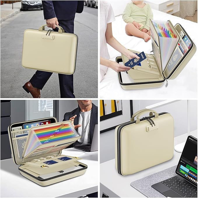 DocSafe Fireproof File Organizer with Lock, Hard-Shell Case Fireproof Document Box with 13 Pocket Accordion File Folder, Portable Home Office Travel Safe Storage for Important Documents Laptop Beige