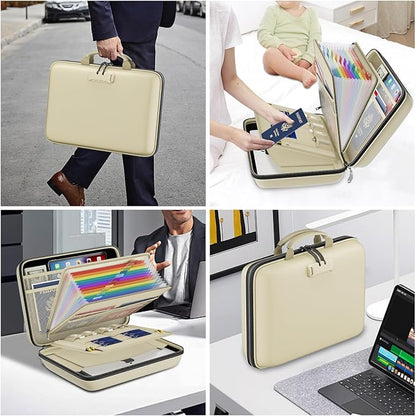 DocSafe Fireproof File Organizer with Lock, Hard-Shell Case Fireproof Document Box with 13 Pocket Accordion File Folder, Portable Home Office Travel Safe Storage for Important Documents Laptop Beige