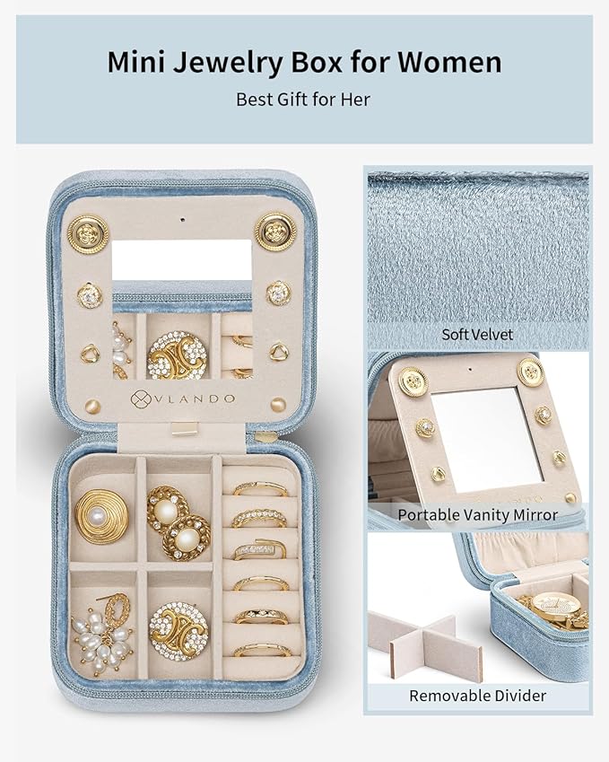 Vlando Velvet Travel Jewelry Case, Jewelry Travel Box for Women, Travel Jewelry Organizer, Small, Portable Jewelry Boxes with Mirror - Blue