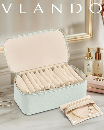 Vlando Jewelry Organizer with 12 Velvet Jewelry Bags Travel Jewelry Case for Girls Premium Petal Hardware Jewelry Box Necklace Rings Earrings Bags Birthday Christmas Gifts for Self-Mint Green