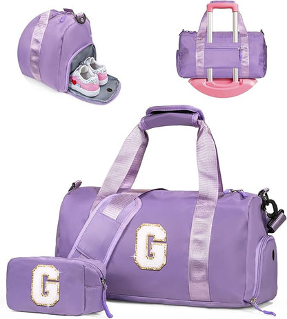Gifts for 4 5 6 7 8 9 10 Year Old Girls-Girl Gym Bag with Shoe Compartment, Kid Personalized Weekender Overnight Bags, Initial Travel Tote with Makeup Pouch, Gift for Daughter (Letter G)