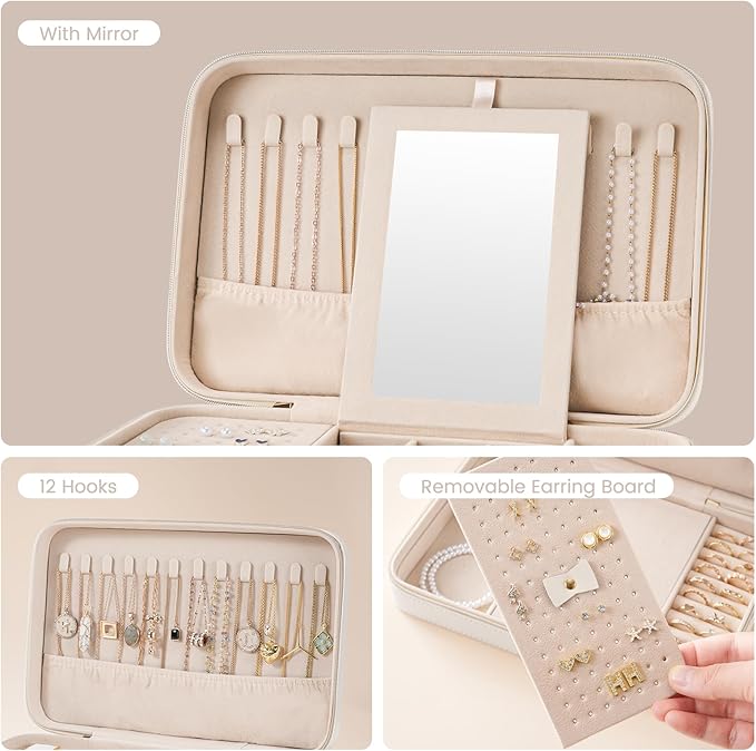 Lolalet Travel Jewelry Case for Women Girls, Travel Jewelry Organizer Box with Mirror & Clear Storage Bag, Small Portable Earring Necklace Bracelet Ring Case, Birthday Christmas Gifts -Large, White