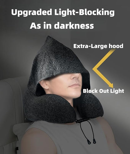 Travel Pillow with Extra Large Hood Rollable Airplant Hooded Neck Pillow with Memory Foam Filling and Removable, Skin-Friendly Cover with a Carrying Pouch