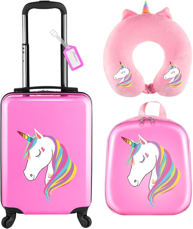 Sanwuta 4 Pcs Kids Luggage Set Backpack Travel Rolling Suitcase U-shape Pillow Christmas Children Gift for Girls Boys(17 Inch,Unicorn Style,Pink)