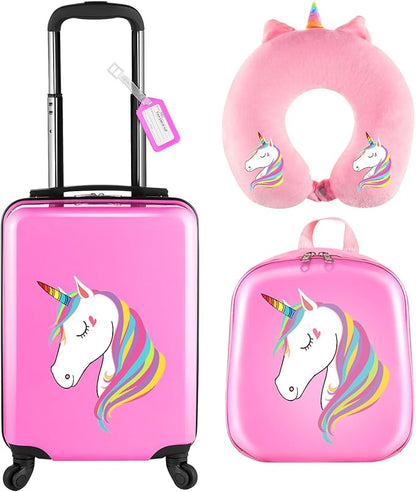 Sanwuta 4 Pcs Kids Luggage Set Backpack Travel Rolling Suitcase U-shape Pillow Christmas Children Gift for Girls Boys(17 Inch,Unicorn Style,Pink)