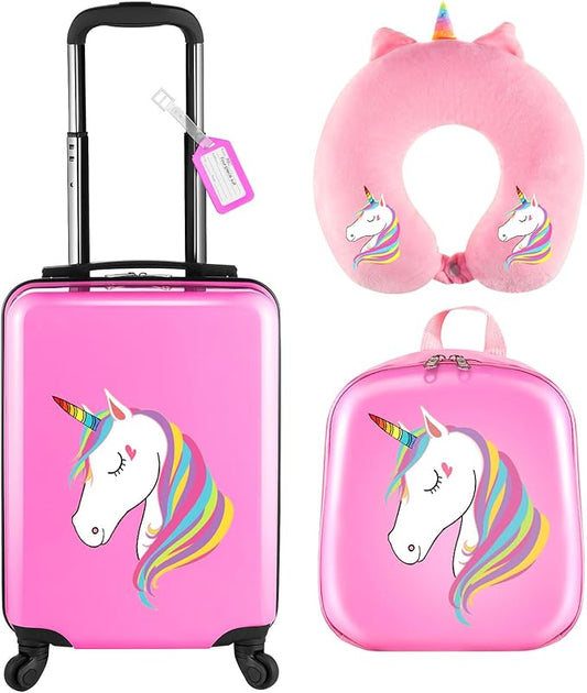 Sanwuta 4 Pcs Kids Luggage Set Backpack Travel Rolling Suitcase U-shape Pillow Christmas Children Gift for Girls Boys(17 Inch,Unicorn Style,Pink)