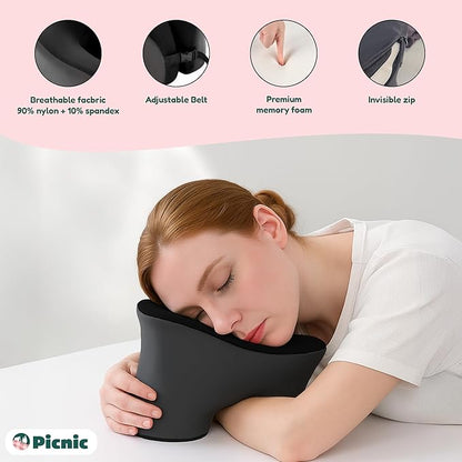 Picnic Neck Pillow for Traveling | 100% Pure Memory Foam Travel Pillow for Airplanes, Car & Office | Ergonomic Support with Adjustable Clasp, Eye Mask & Compact Travel Bag | Perfect for Relaxation