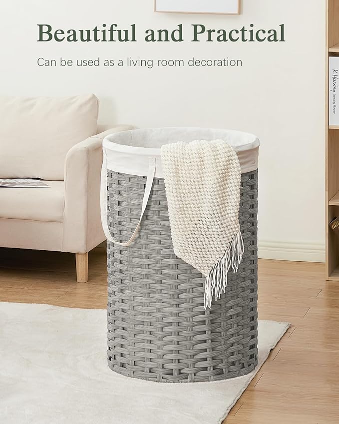 34.3 Gal (130 L) Large Laundry Hamper Laundry Basket Round Handwoven Wicker Laundry Baskets Rattan Laundry Basket with Removable Bag Handles 2 Mesh Bags for Living Room Bedroom Gray