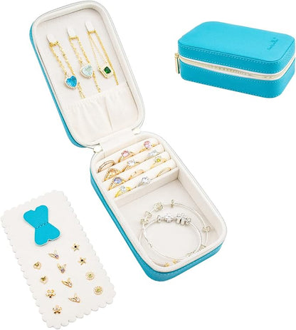Small Travel Jewelry Organizers Box for women with PU Leather Portable Mini Jewelry Case with compartments for Necklace Rings Earrings,Luxury Giftable boxes. (Blue green, M)