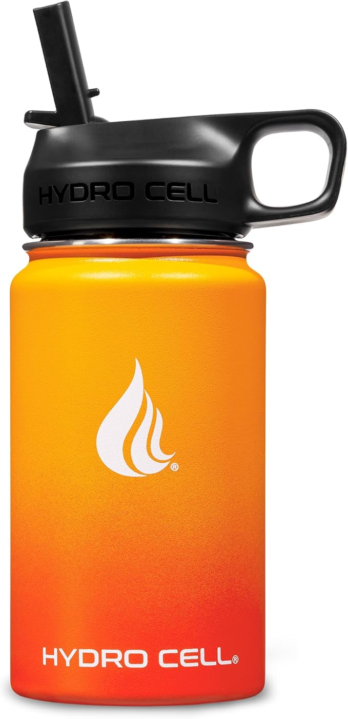 HYDRO CELL Stainless Steel Insulated Water Bottle with Straw - For Cold & Hot Drinks - Metal Vacuum Flask with Screw Cap and Modern Leakproof Sport Thermos for Adults (Red/Orange 14oz)