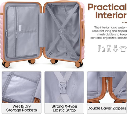 UKEIN Luggage Sets 3 Piece, PC Hardside Checked Luggage 28 Inch With Spinner Wheels with TSA Lock, Large Suitcase Set With Travel Backpack for Men (Pink, 3 piece set (28inch))