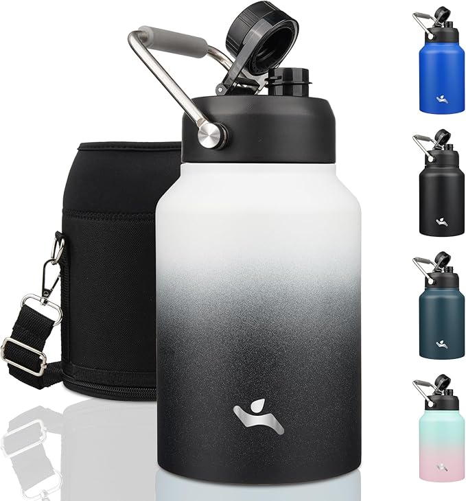 Half Gallon Jug with Handle,64 oz Insulated Water Bottle with Carrying Pouch,Double Wall Vacuum Stainless Steel Metal Bottle,Day Night