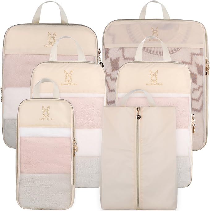 See Through Expandable Compression Packing Cubes, Mesh Travel Packing Cubes for Suitcases, Lightweight Organizers Bag Set for Travel Essentials for Luggage