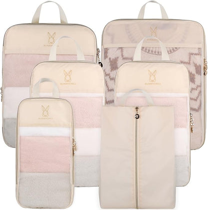 See Through Expandable Compression Packing Cubes, Mesh Travel Packing Cubes for Suitcases, Lightweight Organizers Bag Set for Travel Essentials for Luggage