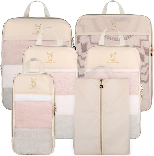 See Through Expandable Compression Packing Cubes, Mesh Travel Packing Cubes for Suitcases, Lightweight Organizers Bag Set for Travel Essentials for Luggage