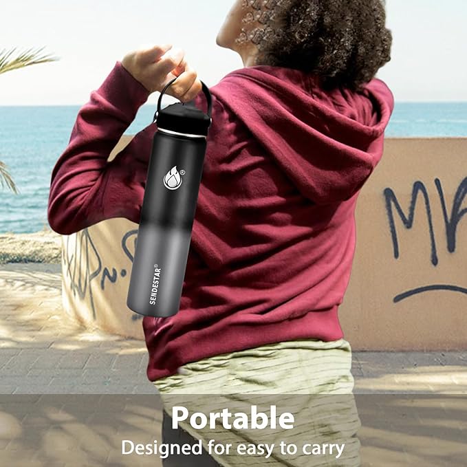 Insulated Water Bottle 32 oz with Straw, Stainless Steel Wide Mouth Water Bottle, Double Wall Vacuum Leak Proof with Straw Lid & Spout Lid for Sports or Office, Keep Cold or Hot Up to 24 Hrs