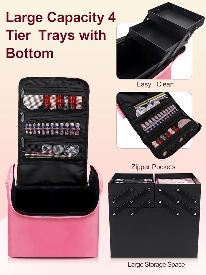 Deciniee Large Pink Makeup Nail Polish Organizer Bag, 4 Tier Professional Makeup Case, Waterproof Nylon, Travel/On-the-go Makeup Storage