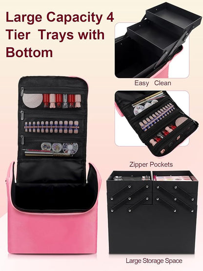 Deciniee Large Pink Makeup Nail Polish Organizer Bag, 4 Tier Professional Makeup Case, Waterproof Nylon, Travel/On-the-go Makeup Storage