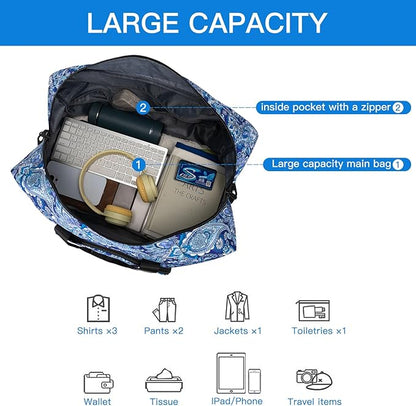 F.FETIVIN Weekender Bag Carry On Travel Duffle Bag Medium Overnight Bag for Women (Blue Paisley)