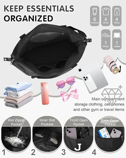 Initial Travel Duffel Bag Sports Gym Bag for Boys Teen Birthday Gifts,Black Personalized Weekender Bag Carry On Tote Bags for Men,Waterproof Overnight Luggage Bag Airplane Travel Essentials(Letter J)