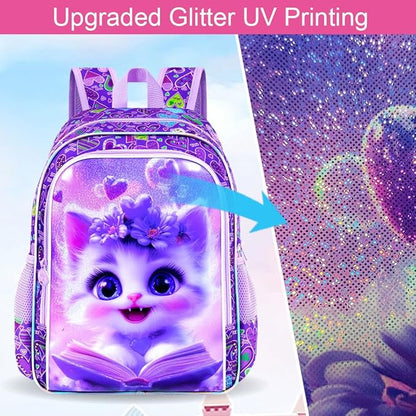 WZLVO 3PCS Kids Cat Bookbag Set, 16" Glittery UV Printing Girls Backpack/School Bag with Lunch Box & Pencil Bag for Preschool to Elementary - Reading Cat Purple