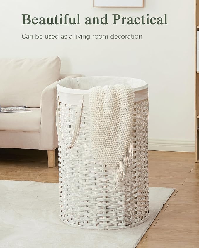 34.3 Gal (130 L) Large Laundry Hamper Laundry Basket Round Handwoven Wicker Laundry Baskets Rattan Laundry Basket with Removable Bag Handles 2 Mesh Bags for Living Room Bedroom White