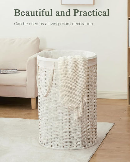 34.3 Gal (130 L) Large Laundry Hamper Laundry Basket Round Handwoven Wicker Laundry Baskets Rattan Laundry Basket with Removable Bag Handles 2 Mesh Bags for Living Room Bedroom White