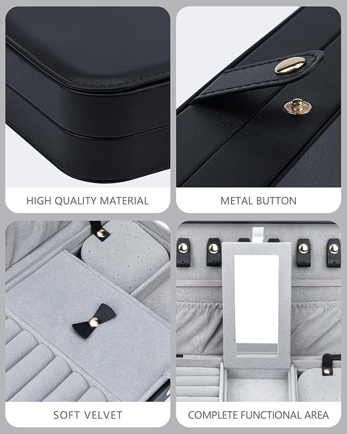2-Layer Travel Jewelry Box for Women, Portable Jewelry Organizer with Mirror & Removable Dividers, PU Leather Jewelry Case Gift for Wife, Mom, Girlfriend (Black Grey)