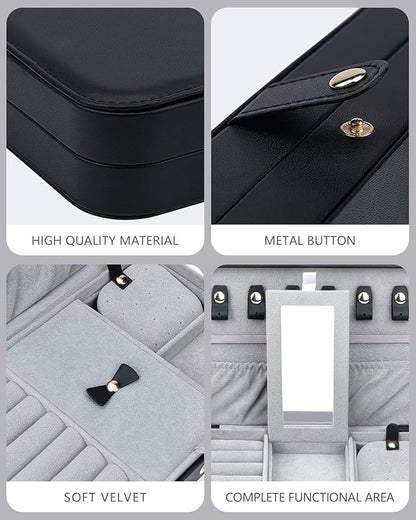 2-Layer Travel Jewelry Box for Women, Portable Jewelry Organizer with Mirror & Removable Dividers, PU Leather Jewelry Case Gift for Wife, Mom, Girlfriend (Black Grey)