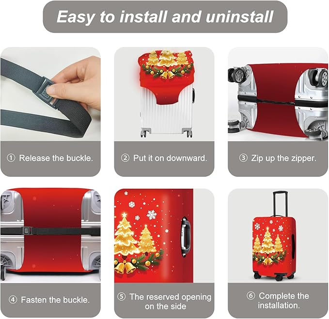 Golden Christmas Trees Luggage Cover - Sparkling Trees with Bells and Holly on Red Background, Elegant Holiday Design Stretchable Suitcase Protector for 32 34 Inch Travel Bags